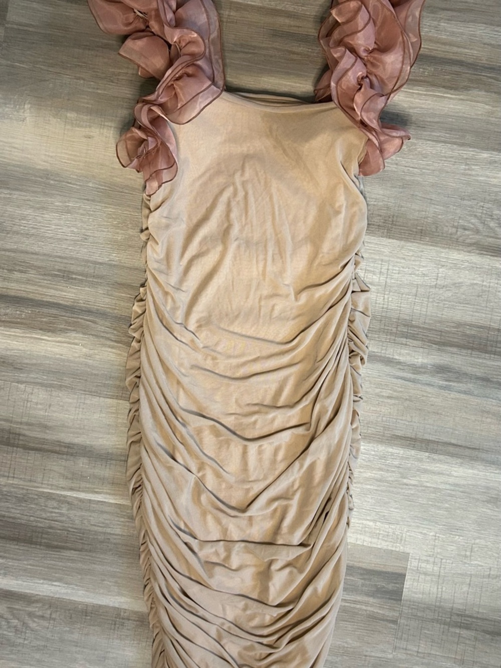 SHEIN Blush Beige Ruched Midi Dress with Ruffle Straps